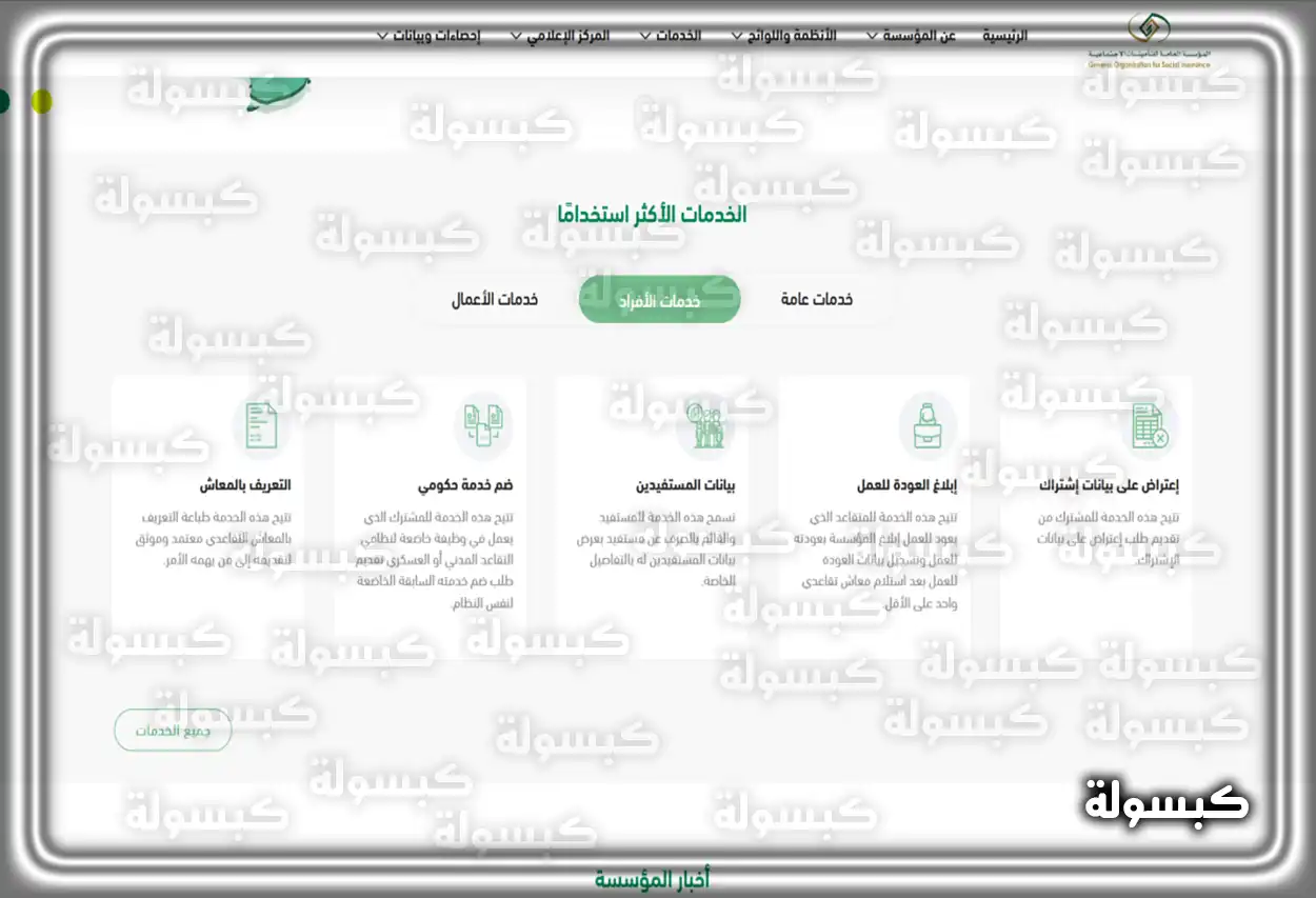 واجهة موقع المؤسسة العامة للتأمينات الاجتماعية ودخول الأفراد