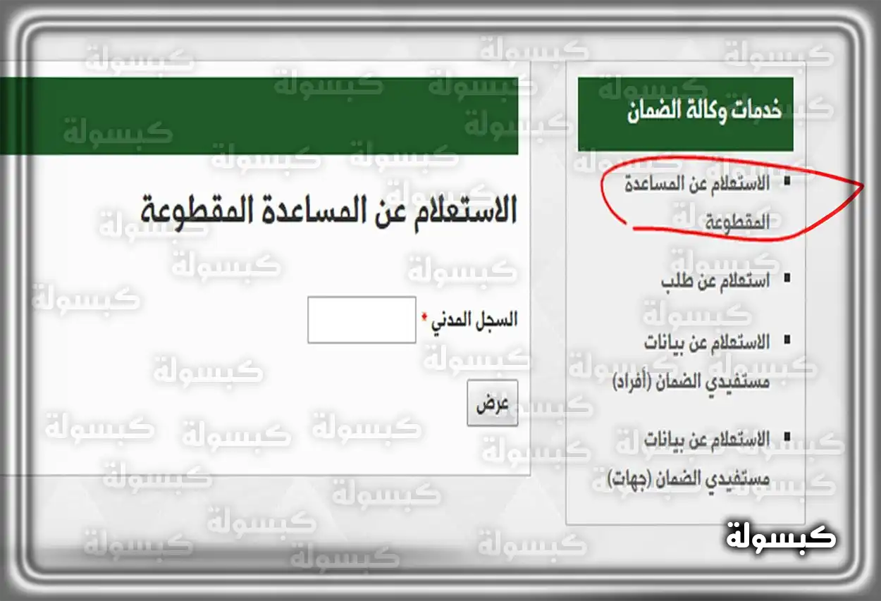 شاشة خدمة الاستعلام عن المساعدة المقطوعة في موقع وزارة الموارد البشرية والتنمية الاجتماعية