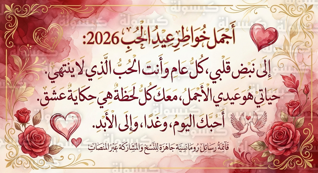 أجمل خواطر عيد الحب 2026: قائمة رسائل رومانسية جاهزة للنسخ والمشاركة عبر المنصات