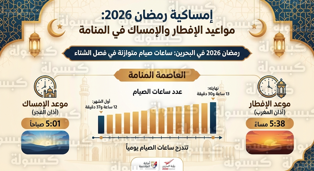 إمساكية رمضان 2026: مواعيد الإفطار والإمساك في المنامة