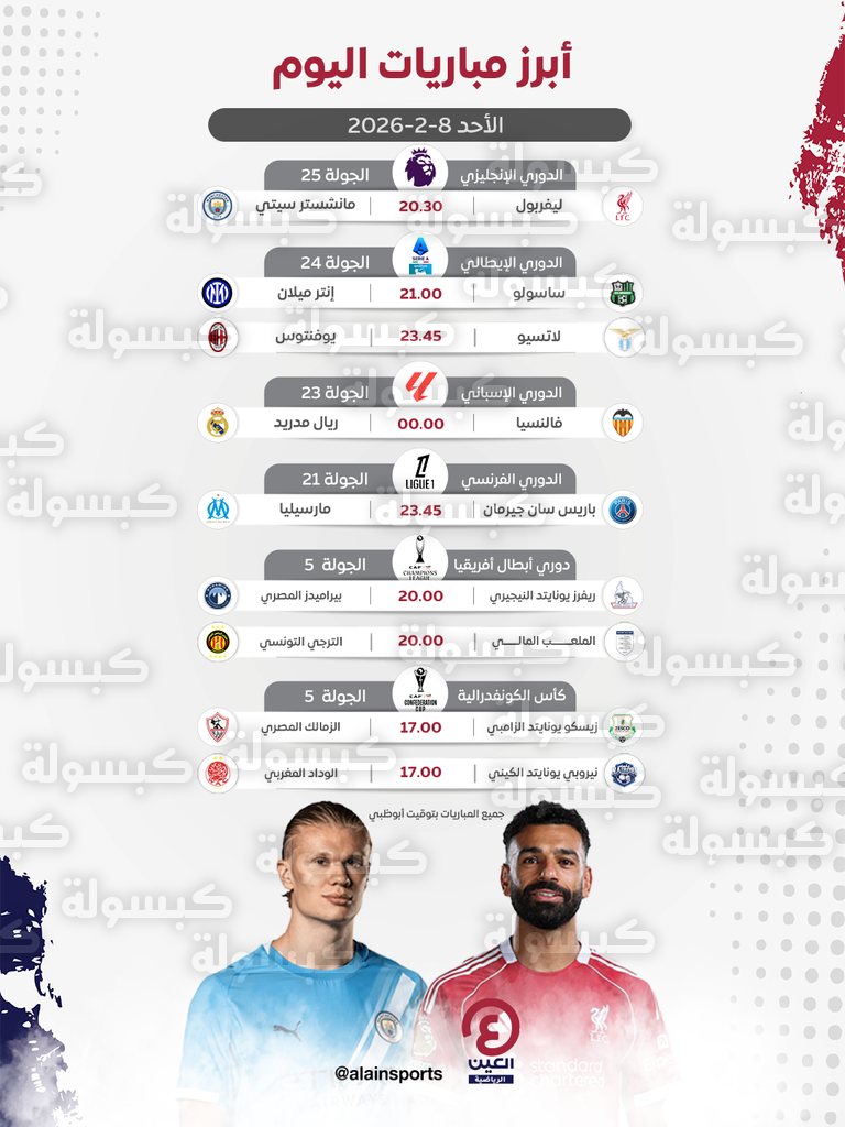 جدول مباريات اليوم 8 فبراير 2026 - ليفربول ومانشستر سيتي