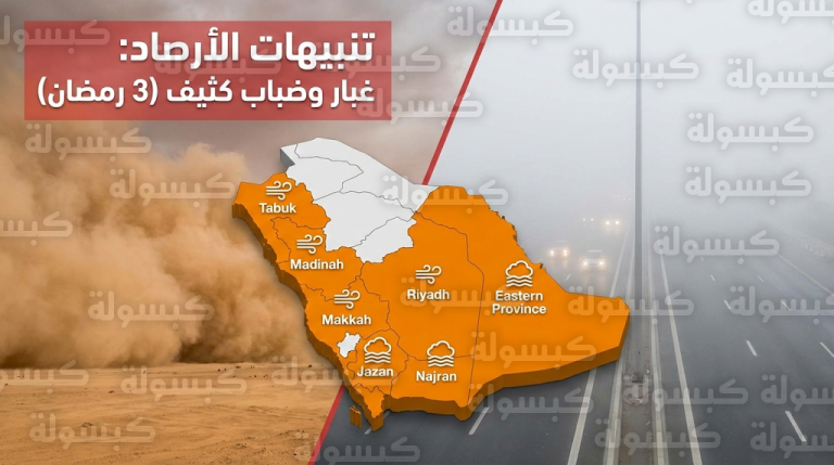 الأرصاد السعودية تحذر من تقلبات جوية اليوم الجمعة 3 رمضان وتحدد المناطق المتأثرة بالغبار والضباب