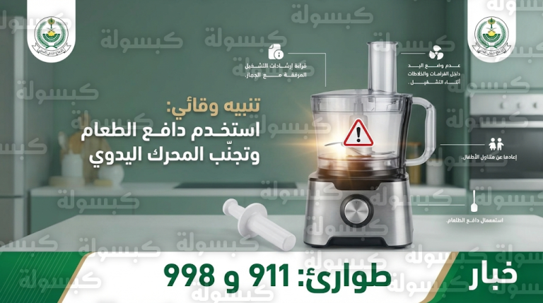 الدفاع المدني السعودي يصدر تنبيهاً عاجلاً بشأن استخدام الفرّامات والأجهزة الحادة في المنازل