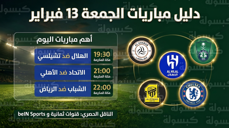 القنوات الناقلة لمباريات اليوم الجمعة 13-2-2026 في الدوري السعودي والملاعب العالمية