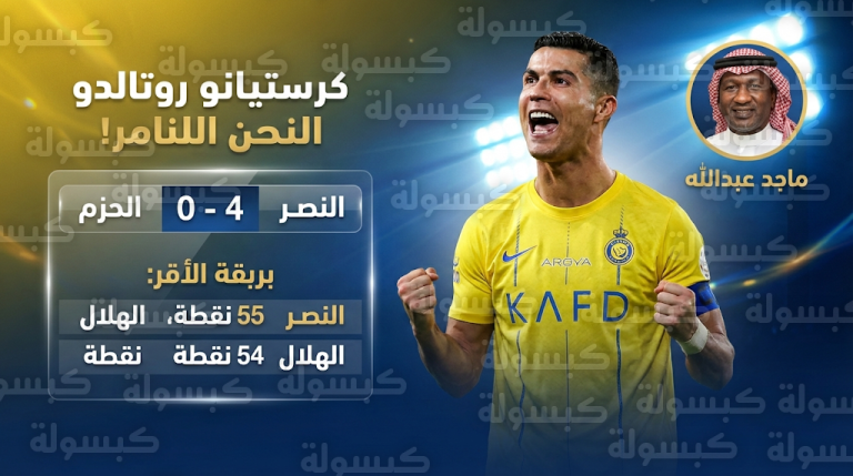 النصر يكتسح الحزم برباعية ويتصدر دوري روشن 2026 وماجد عبدالله يهنئ العالمي