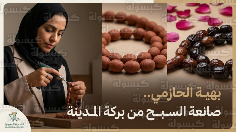 بهية الحازمي تتصدر المشهد الحرفي السعودي في 2026 بابتكار سبح من نوى العجوة وتربة جبل أحد