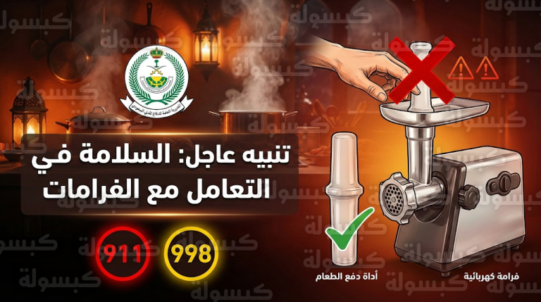 تحذير من الدفاع المدني حول مخاطر إدخال اليد في الفرامات الكهربائية وضرورة حفظ الأدوات الحادة بعيداً عن الأطفال