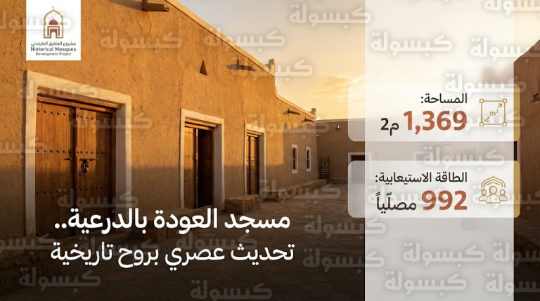 تطوير مسجد العودة بالدرعية لعام 2026 يرفع الطاقة الاستيعابية إلى 992 مصلياً مع استعادة الهوية العمرانية القديمة