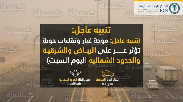 تنبيه عاجل من الأرصاد بشأن نشاط الرياح والأتربة في الرياض والشرقية والحدود الشمالية السبت 14 فبراير 2026