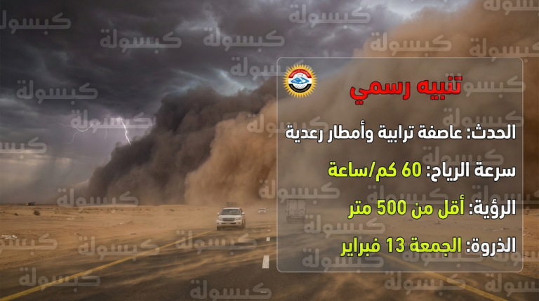 حالة الطقس في مصر اليوم الجمعة 13-2-2026 وتفاصيل العاصفة الترابية والأمطار الرعدية المتوقعة