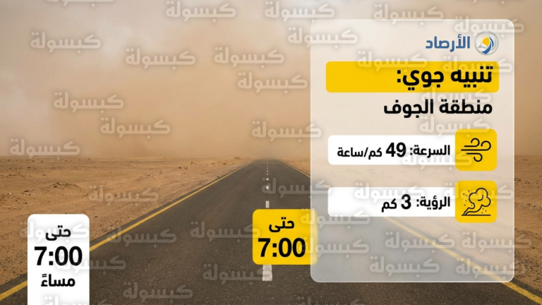 رياح نشطة وتدني الرؤية لـ 3 كم في الجوف وتحذيرات هامة للمسافرين على الطرق السريعة