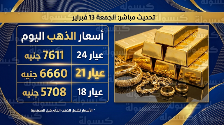 اسعار الذهب اليوم في السعودية الجمعة 13-02-2026 وتحديث عيار 21 الآن