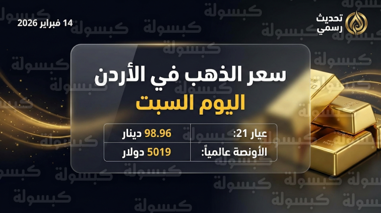 سعر الذهب في الأردن اليوم السبت 14-02-2026 بعد وصول الأونصة لـ 5000 دولار عالمياً