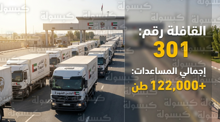 عملية الفارس الشهم 3 تتجاوز 122 ألف طن من المساعدات الإنسانية لغزة مع وصول القافلة 301