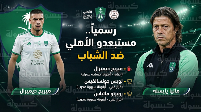 غيابات الأهلي ضد الشباب اليوم في دوري روشن 2026: موقف ديميرال والأسماء المستبعدة نهائيًا