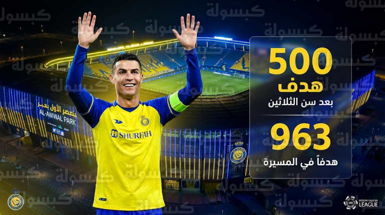 كريستيانو رونالدو يسجل هدفه رقم 500 بعد سن الثلاثين في ليلة تاريخية أمام الحزم بدوري روشن