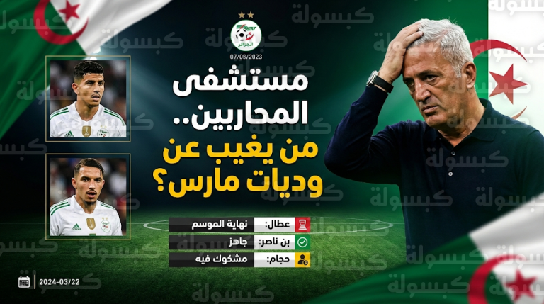 لعنة الإصابات تضرب محاربي الصحراء وتكشف قائمة غيابات منتخب الجزائر في وديات مارس
