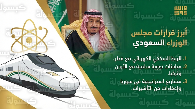 مجلس الوزراء السعودي يقر الربط بالقطار الكهربائي السريع مع قطر ويوجه بالتباحث النووي مع الأردن وتركيا