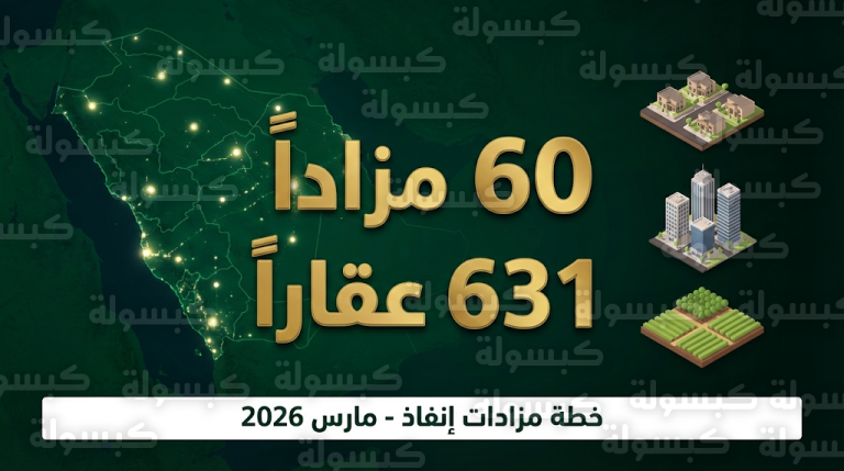 مركز إنفاذ يعلن طرح 631 عقاراً في 60 مزاداً علنياً بمختلف مناطق المملكة خلال مارس 2026