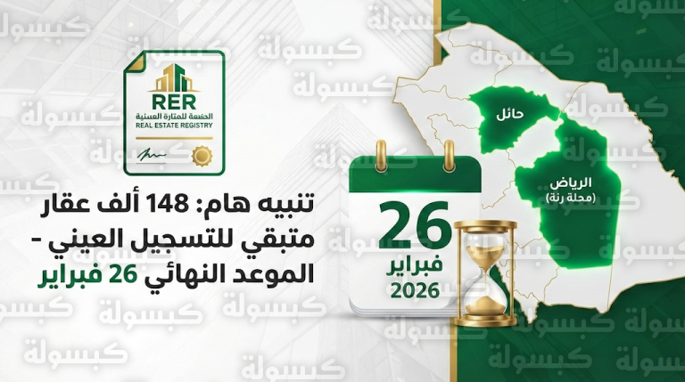 موعد انتهاء التسجيل العيني الأول لـ 148.4 ألف عقار في حائل والرين الخميس 26-2-2026