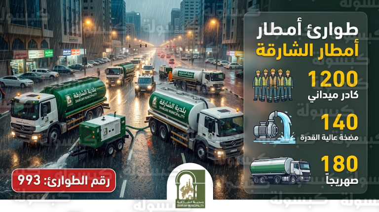 استنفار ميداني في الشارقة بـ 1200 موظف و180 صهريجاً للتعامل مع تجمعات مياه الأمطار