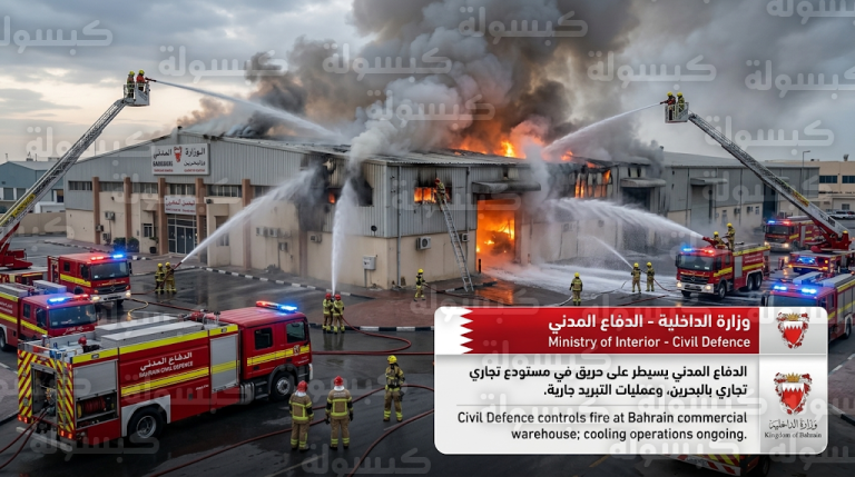 الدفاع المدني في البحرين يسيطر على حريق مستودع تجاري ناتج عن سقوط شظايا العدوان الإيراني