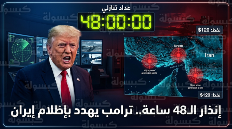 ترامب يمهل طهران 48 ساعة لفتح مضيق هرمز ويهدد بتدمير كافة محطات الطاقة الإيرانية