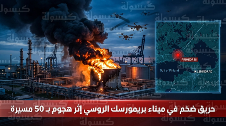 تصعيد خطير في العمق الروسي واشتعال النيران بميناء بريمورسك الاستراتيجي قرب حدود فنلندا بعد هجوم مسيرات واسع
