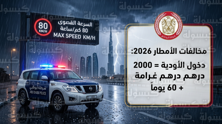 غرامة 2000 درهم و23 نقطة سوداء لمخالفة دخول الأودية أثناء جريان السيول في أبوظبي