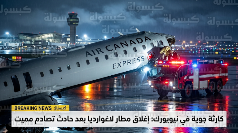 مصرع طاقم القيادة وإصابة 13 شخصاً إثر تصادم طائرة ركاب كندية بعربة إطفاء في مطار لاغوارديا بنيويورك